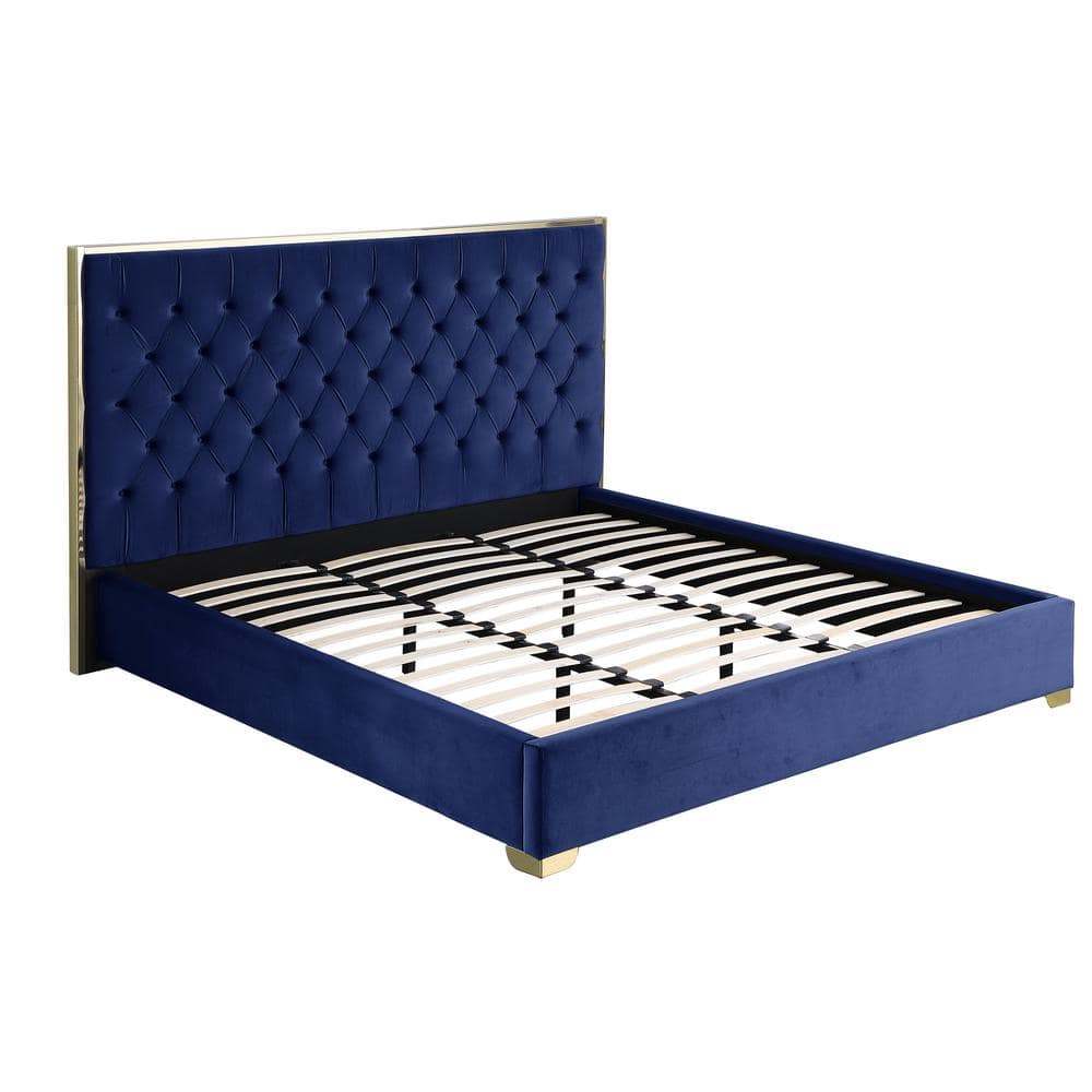 Blue Velvet Tufted Queen Platform Bed with Gold Accents
