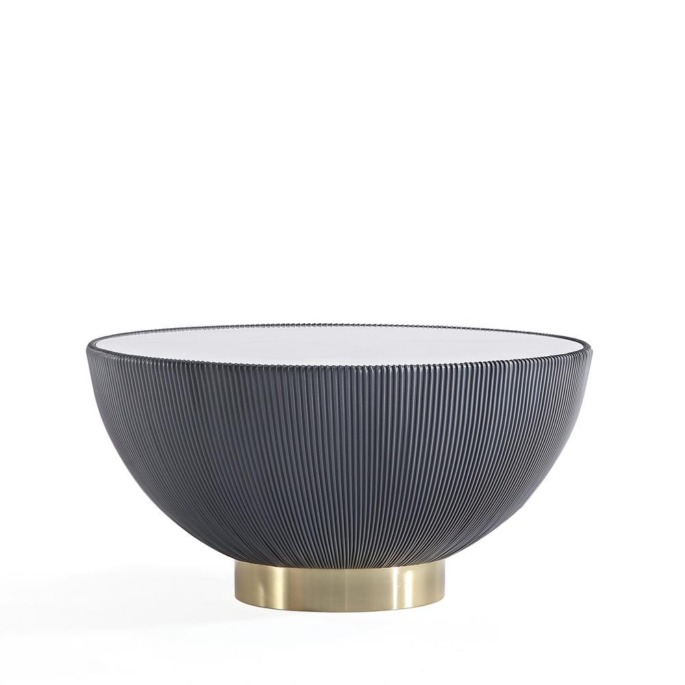 Gray Round Marble Coffee Table with Gold Base and Leatherette Pleating