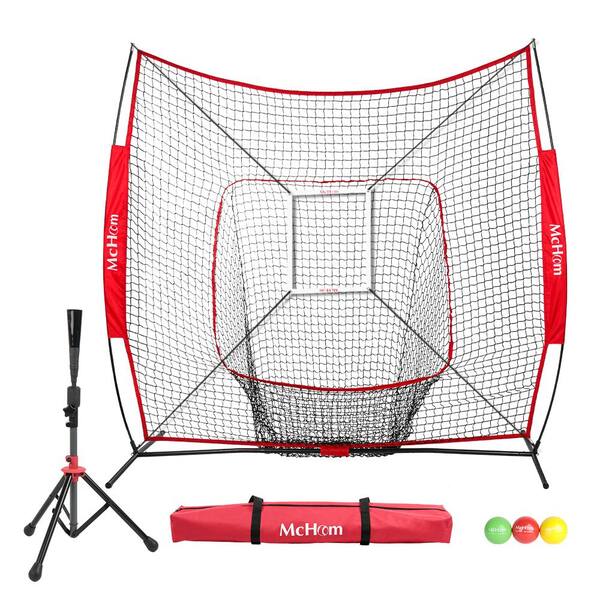 McHom 7 ft. x 7 ft. Baseball/Softball Hitting Net in Red with Strike Zone Weighted Training Ball and Tee (3-Pack )