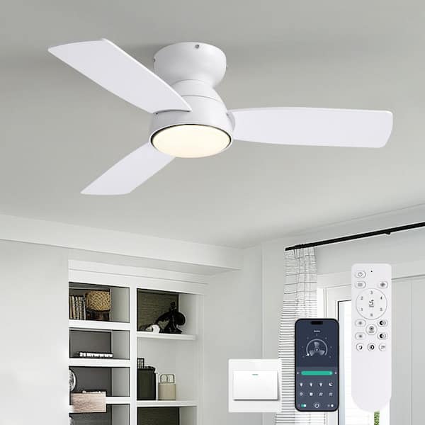 32 in. Smart Indoor Modern White Low Profile Flush Mount Ceiling Fan with Integrated Dimmable LED with Remote Included