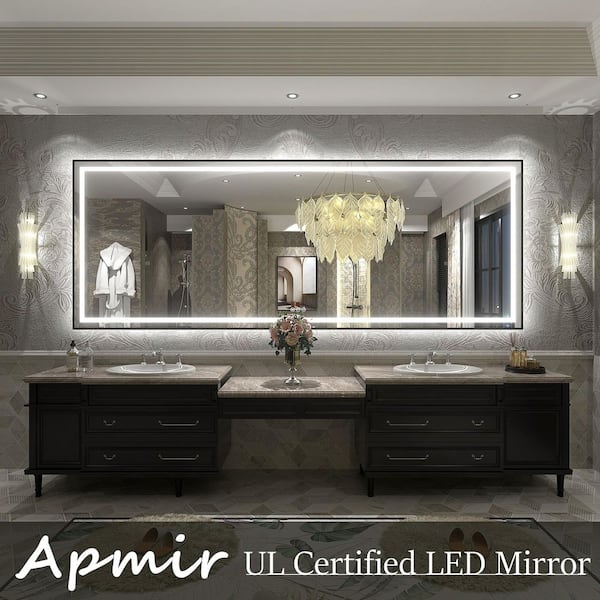 96in. W x 36in. H Rectangular Framed Front and Back LED Lighted Anti-Fog Wall Bathroom Vanity Mirror in Tempered Glass