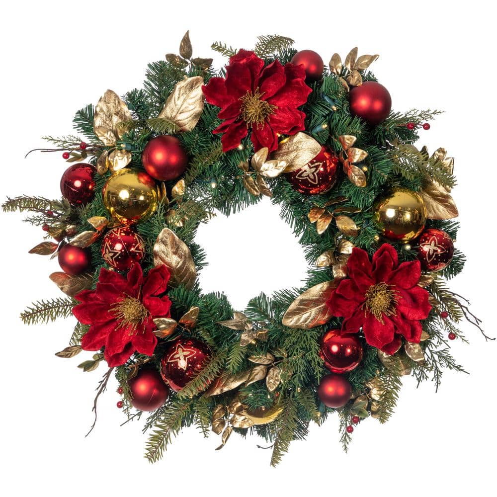 30 Inch Pre-Lit Golden Leaf and Red Magnolia Christmas Wreath