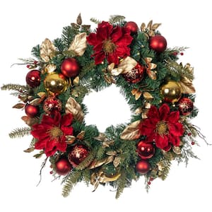 30 in. Green Battery Operated Prelit LED Artificial Christmas Wreath with Golden Leaf Red Magnolia