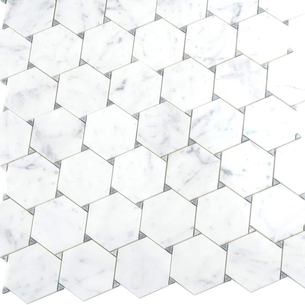 Athens White and Gray Polished Marble Hexagon Mosaic Tile