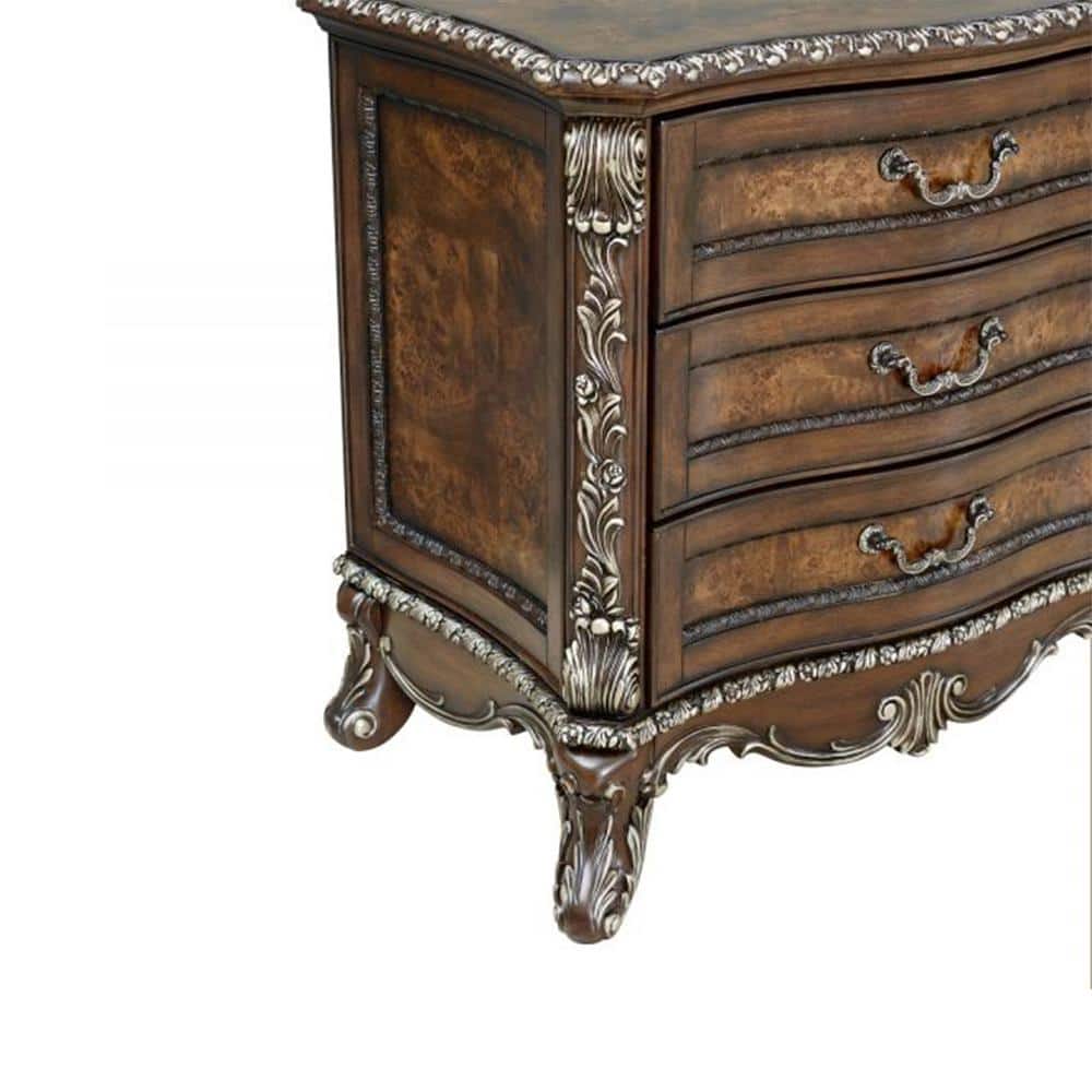 Devany Rich Cherry 3-Drawer Nightstand with Burl Wood Veneers
