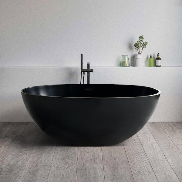 ANGELES HOME 55 in. x 29.5 in. Stone Resin Solid Surface Freestanding Soaking Bathtub with Center Drain in Matte Black
