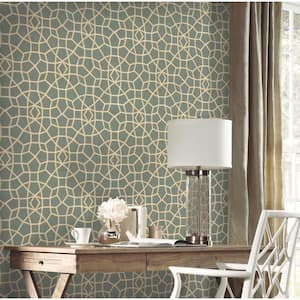 Ronald Redding Dark Green and Gold Sculptural Web Paper Unpasted Matte Wallpaper 27 in. x 27 ft.