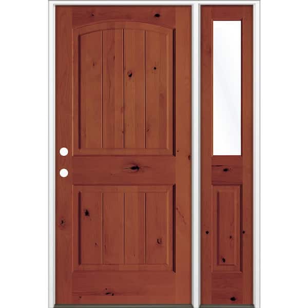 46 in. x 80 in. Knotty Alder Arch Top Right-Hand/Inswing Clear Glass BEHR Amaretto Stain Wood Prehung Front Door RHSL