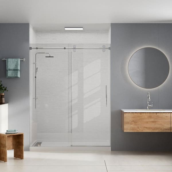 32 in. L x 60 in. W x 96 in. H Alcove Shower Stall/Kit Sliding Door in Chrome with Right Drain and Striped Wall