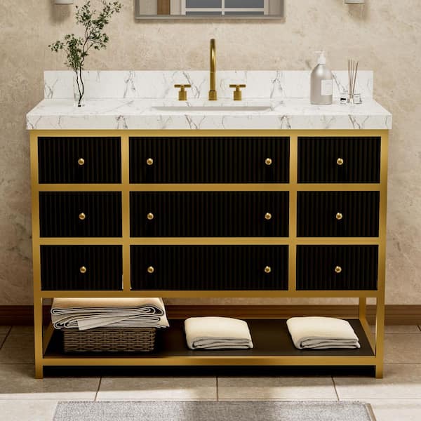 Solidoak 48 in. W x 22 in. D x 35.4 in. H Single Sink Bath Vanity in Black with White Engineered Marble Top