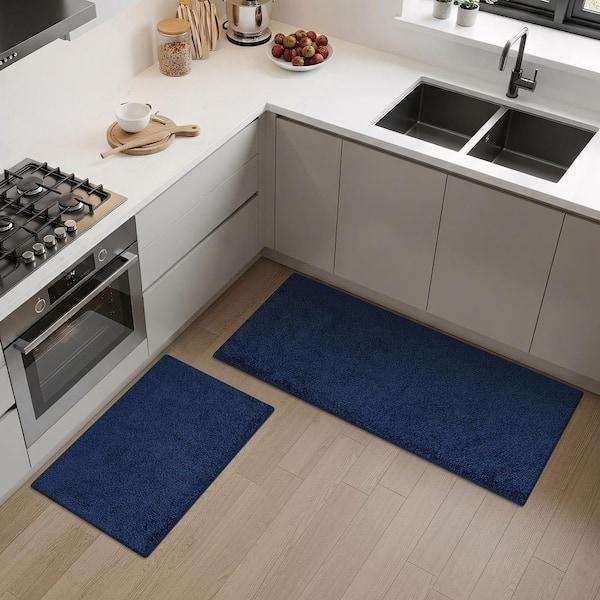 Silky 1 x 2 Pieces 1.7 x 2.5 ft. and 1.7 x 4.0 ft. Navy Solid Non Slip Easy Clean Non Shedding Modern Indoor Area Rug