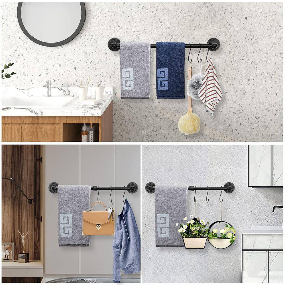 Black Iron Industrial Wall-Mounted Towel Bar, 24 Inch