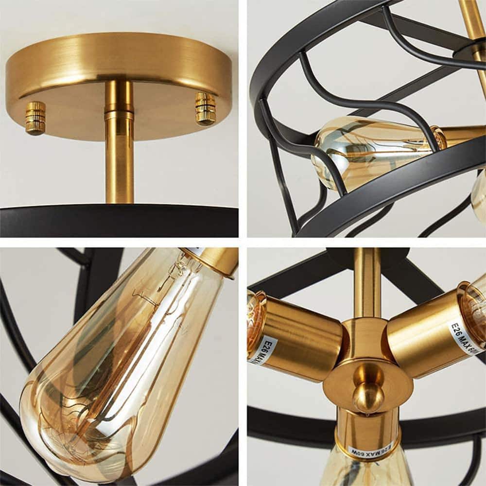 Black and Gold Metal Drum Semi-Flush Mount Ceiling Light