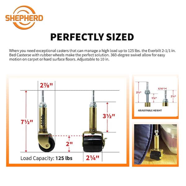 2-1/8 in. Adjustable Rubber Bed Frame Casters with Soft Tread (2-Pack)