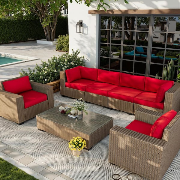 Outdoor 4 in. Sectional Cushion Set Seat/Back Light Red Cushion (Set of 6-Cushion, 6-Backrests, 2-Coner Cushions)