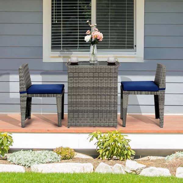 Grey 3-Piece Wicker Outdoor Bistro Set with Navy Blue with Cushions Patio Furniture Set for Small Space