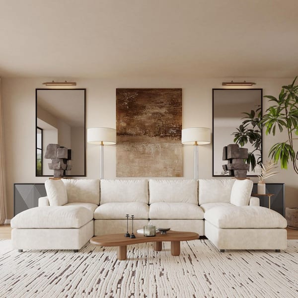 100 in. Square Arm 6-Piece Chenille L-Shaped Modualr Sectional Sofa with Detachable Covers, Ottoman in. Beige for Office