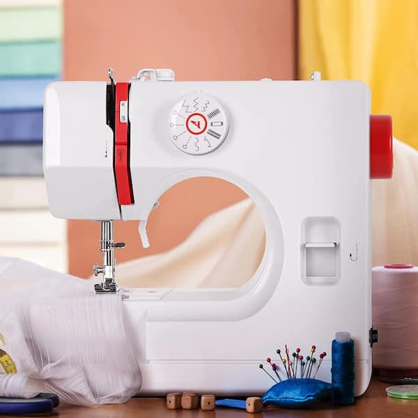 Oumilen Mini Portable Sewing Machine Household Kids Sewing Machine with 12 Built-In Stitches, Foot Pedal, Gray, White