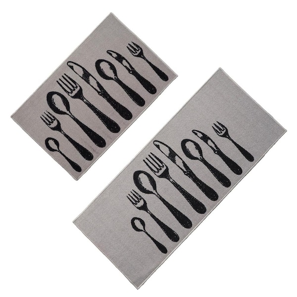 EVIDECO French home goods Chic Cutlery Gray and Black 20 in. x 48 in. and 20 in. x 32 in. Polyamide Set of 2 Kitchen Mats