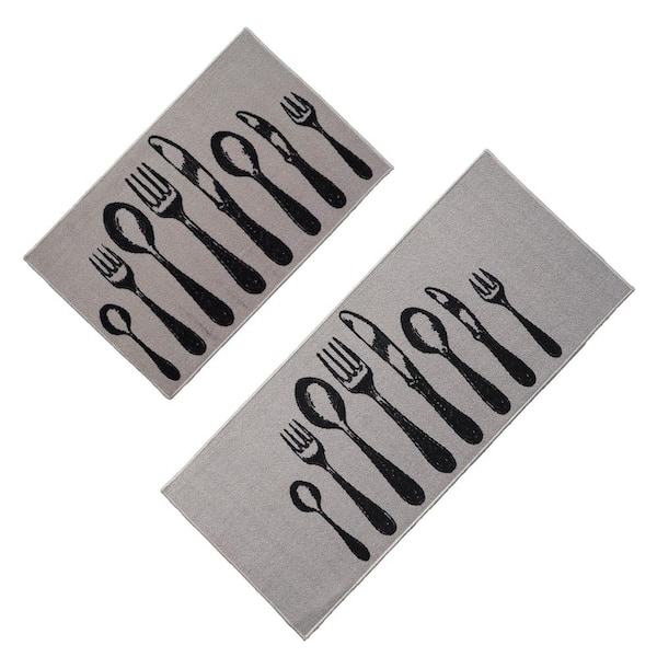 Unbranded Chic Cutlery Gray and Black 20 in. x 48 in. and 20 in. x 32 in. Polyamide Set of 2 Kitchen Mats