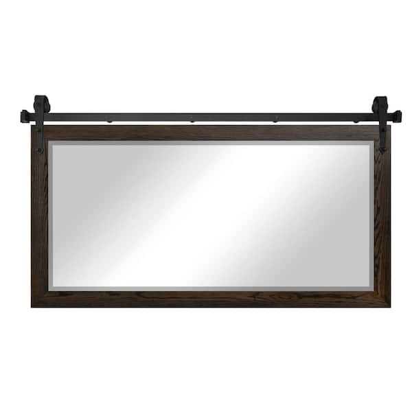 (66 in W x 32 in H) Ebony Oak Hardwood Beveled Mirror With Steel Barndoor Rail