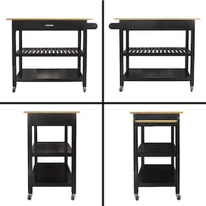 Black MDF Kitchen Cart with 1-Drawer, Towel Rack, 2-Open Dividers and 4-Rolling Rubber Wheels