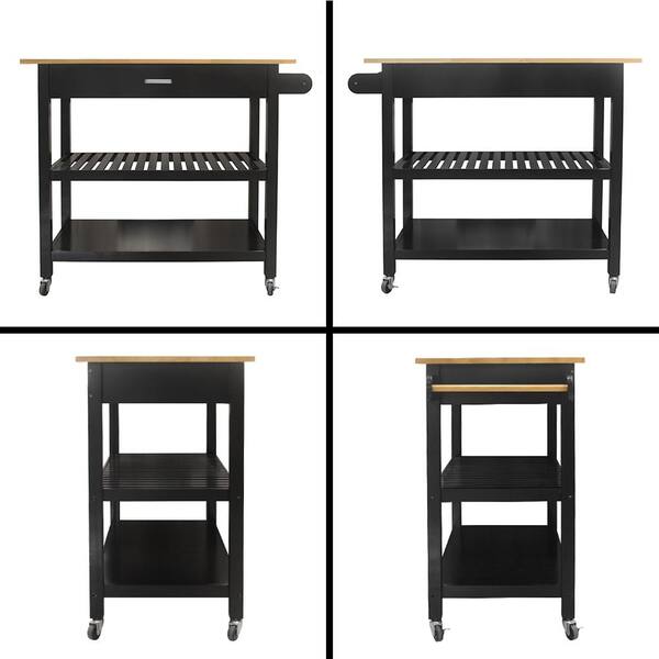 FUNKOL Black MDF Kitchen Cart with 1-Drawer, Towel Rack, 2-Open Dividers and 4-Rolling Rubber Wheels