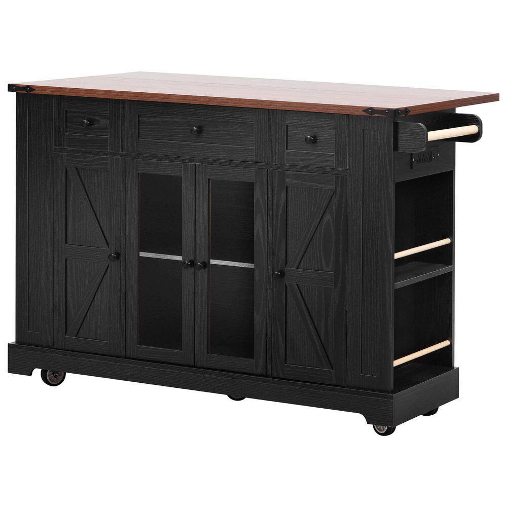 Black Wood 53 in. Kitchen Island Kitchen Rolling Cart with Storage Cabinet,