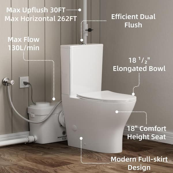 600W Macerating in Toilet Pump System, Dual-Flush, 18 in. ADA-Compliant Height Elongate Bowl White, 3-Water Inlets