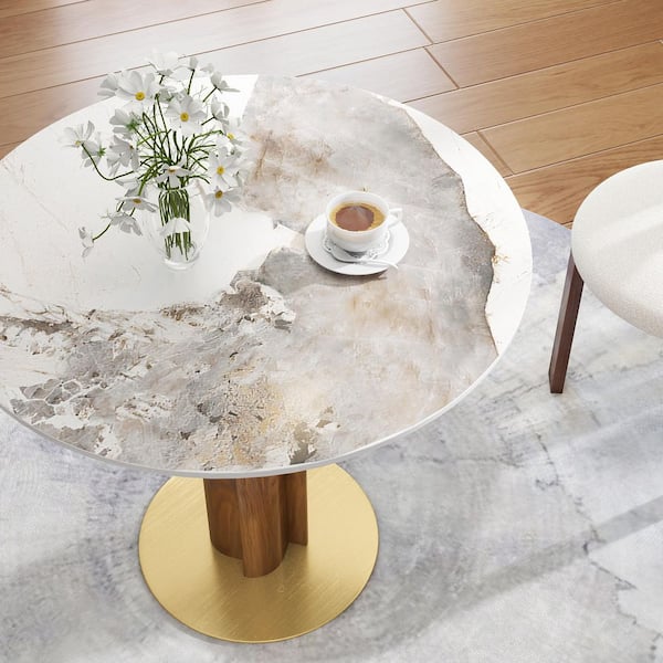 33 in. Modern Round Pandora Sintered Stone Tabletop Dining Table with Solid Wood Pedestal (Seat 2)