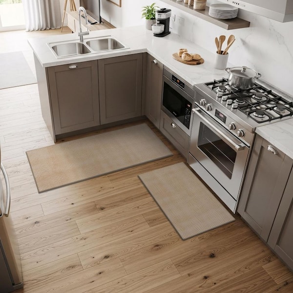 Harmony 2 x 3 ft. and 2 x 7 ft. 2-Pieces Beige Non-Slip Rubber Back Washable Polyester Wave Rug Set