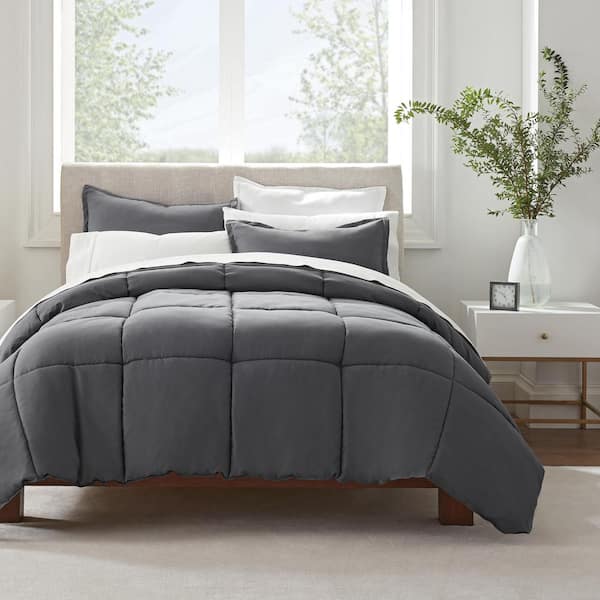 Serta Serta Simply Clean 3 Piece Pleated Comforter Bedding Set, Comforter and Pillow Shams, King, Grey