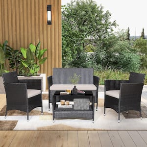 4-pieces Wicker Patio Conversation Set Armrest Sofa Coffee Table with Beige Cushions Shelf Garden