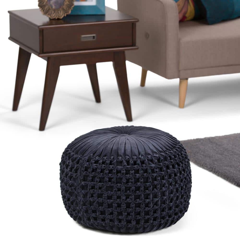 Renee Transitional Navy Velvet Tufted Round Pouf