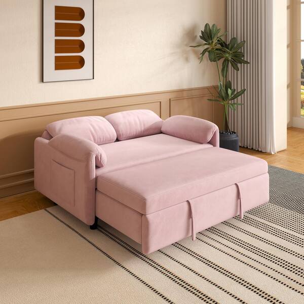 Z-joyee 66 in. Pink Velvet Twin Size Variable Sofa Bed, Baby Pink