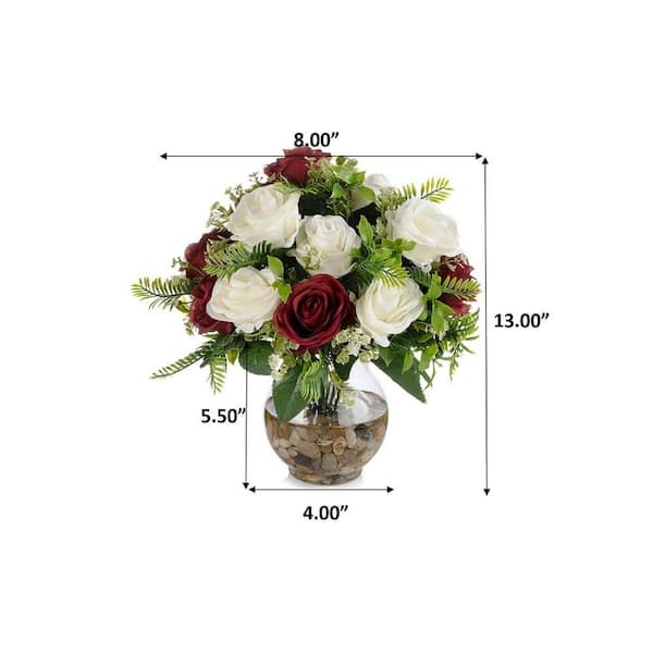 13 in. Red Indoor Artificial Rose Flowers Arrangement in Glass Pot
