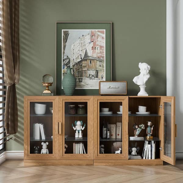 Farmhouse Natural Wood 62 in. Buffet Storage Cabinet with Glass Doors and Adjustable Shelves for Living Room, Entryway