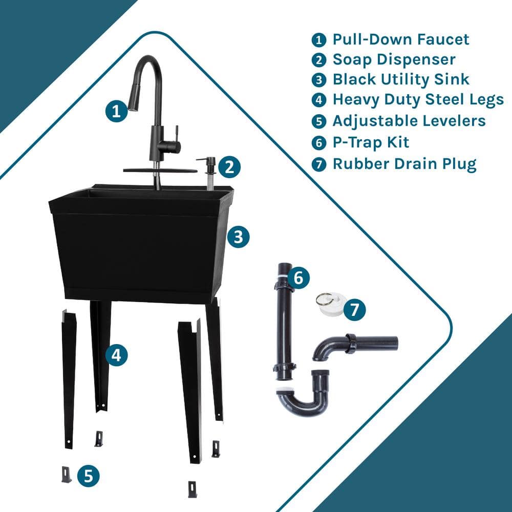 Black Thermoplastic Freestanding Utility Sink with High-Arc Faucet