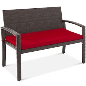 2-Person Brown Wicker Outdoor Patio Bench with Red Cushion
