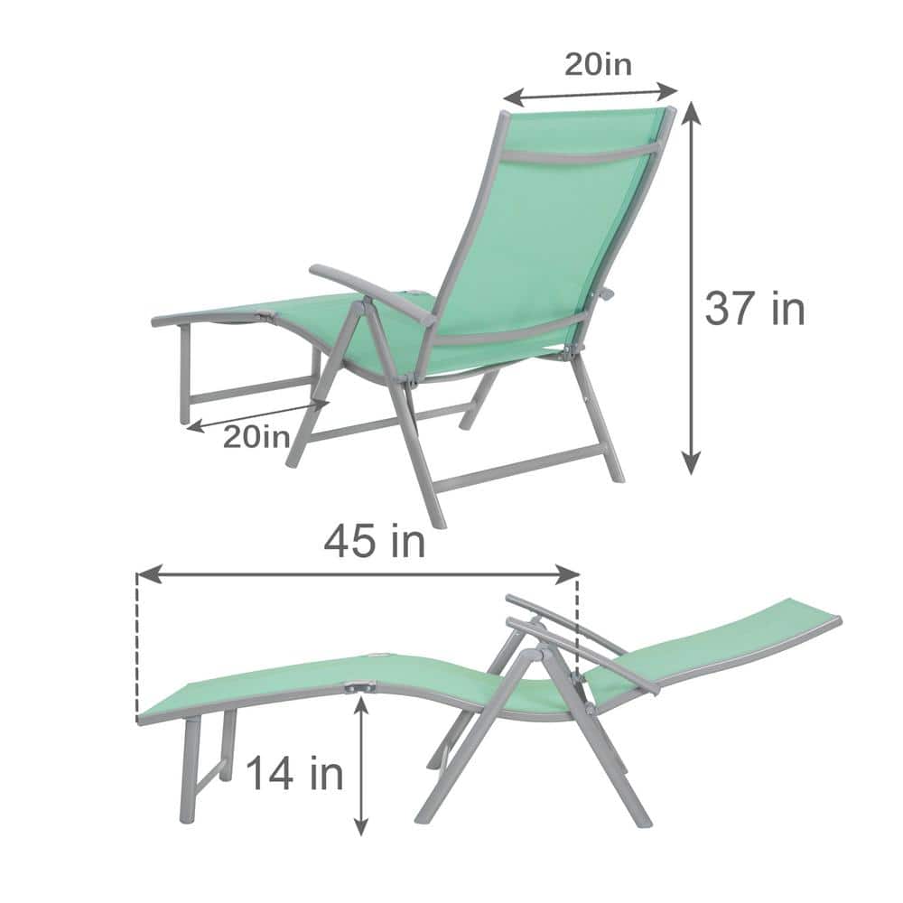 Green Aluminum Folding Outdoor Chaise Lounge Chairs, Set of 2