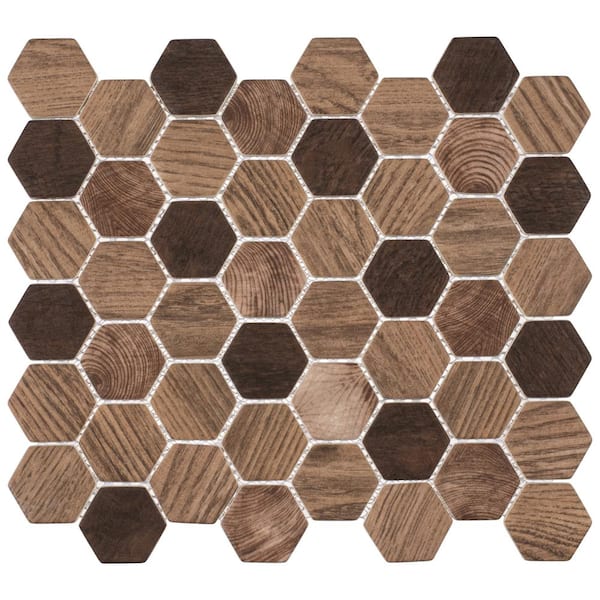 ANDOVA Terrain Walnut Brown/Tan 13 in. x 11 in. Hexagon Wood-Look Smooth Glass Mosaic Wall Tile (5 sq. ft./Case)