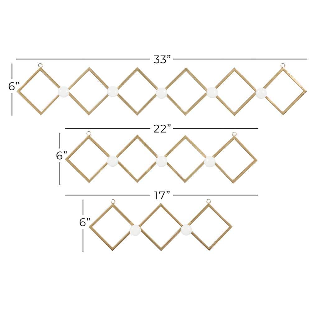 Gold Metal and White Ceramic Glam Wall Hook Set, 33.15 inches