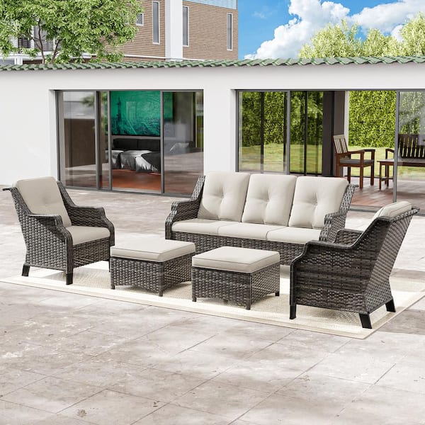 5-Piece Wicker Outdoor Patio Conversation Set Sectional Couch and Ottomans with Beige Cushions
