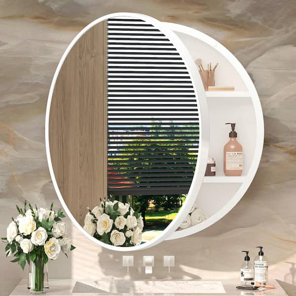 30 in. W x 30 in. H Round White Metal Framed Recessed/Surface Mount Medicine Cabinet with Mirror