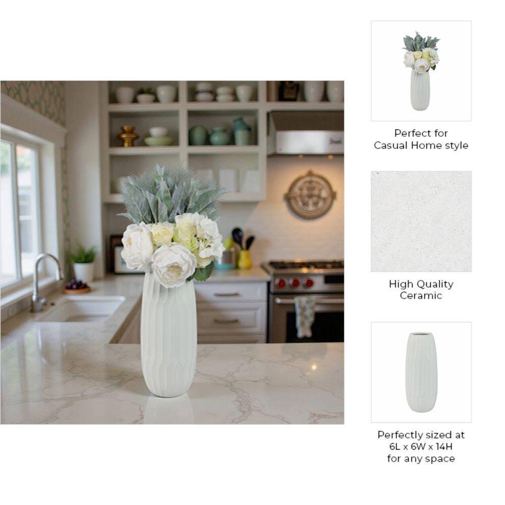 White Ceramic Indented Design Table Vase, 14"