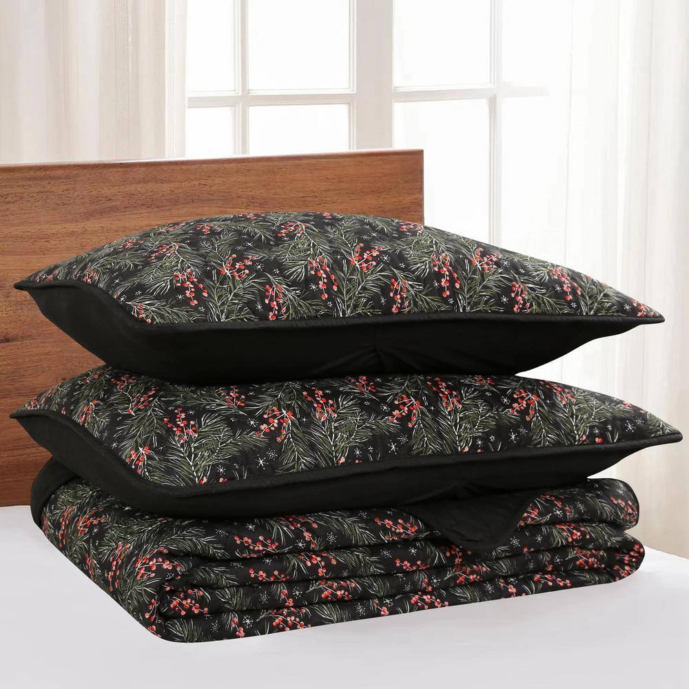 Black Reversible Queen Christmas Quilt Bedspread Set