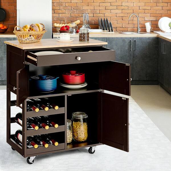 Utility Rolling Storage Cabinet Kitchen Island Cart with Spice Rack-Brown
