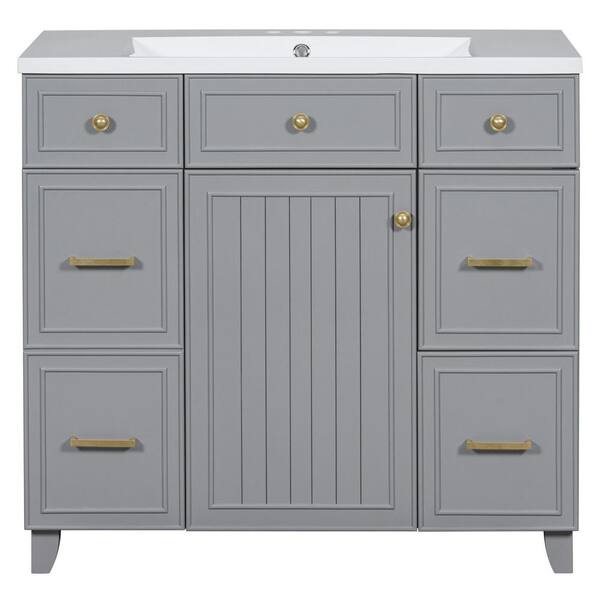 Nivencai 36 in. W x 18 in. D x 34.3 in. H Single Sink Freestanding Bath Vanity in Gray with White Resin Top