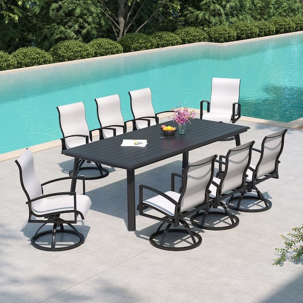 9 Pieces 94 in. Patio Aluminum Outdoor Dining Set with 360° Rotating Dining Armchair in Augustine Oyster, Umbrella Hole