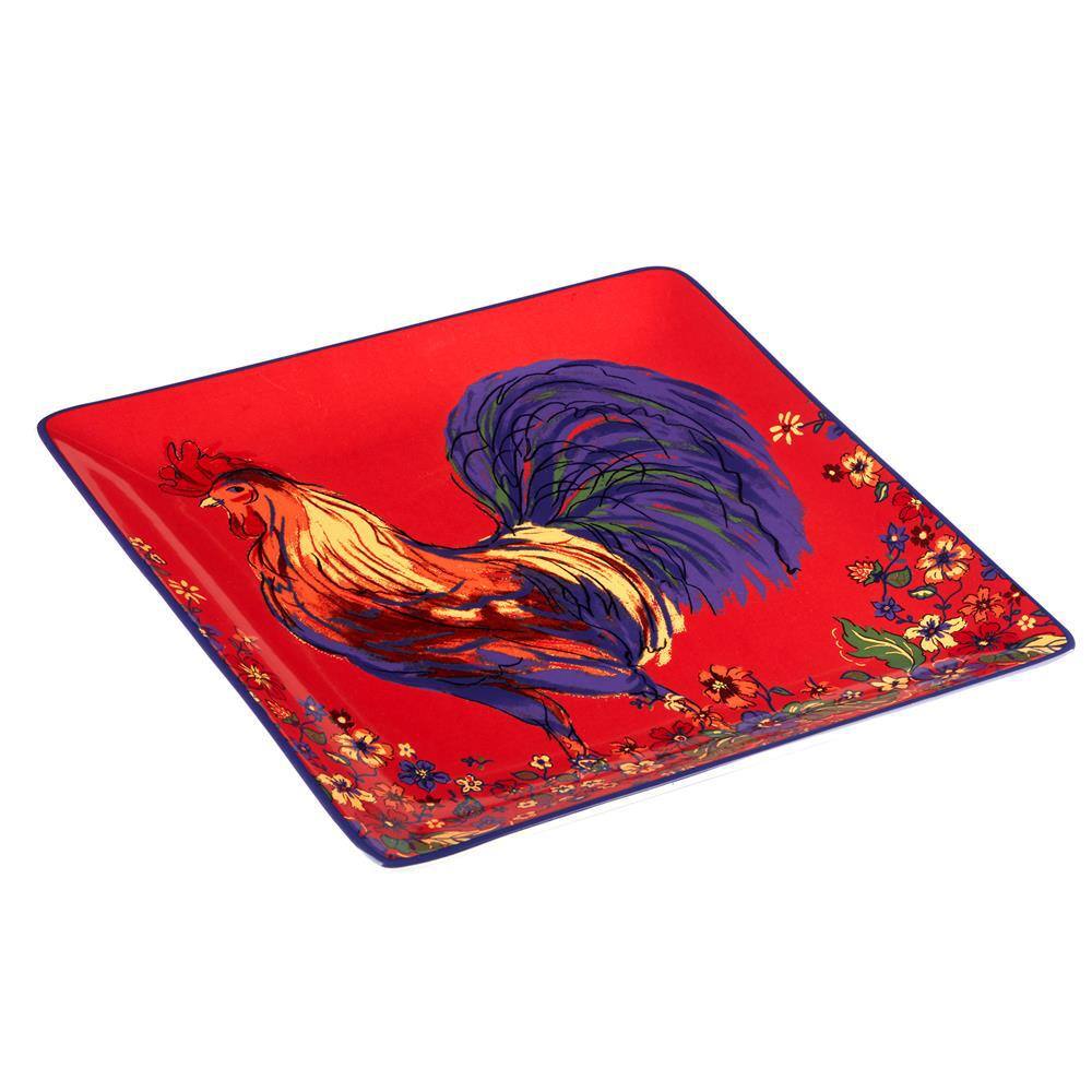 Vibrant Red Ceramic Square Platter with Rooster Design